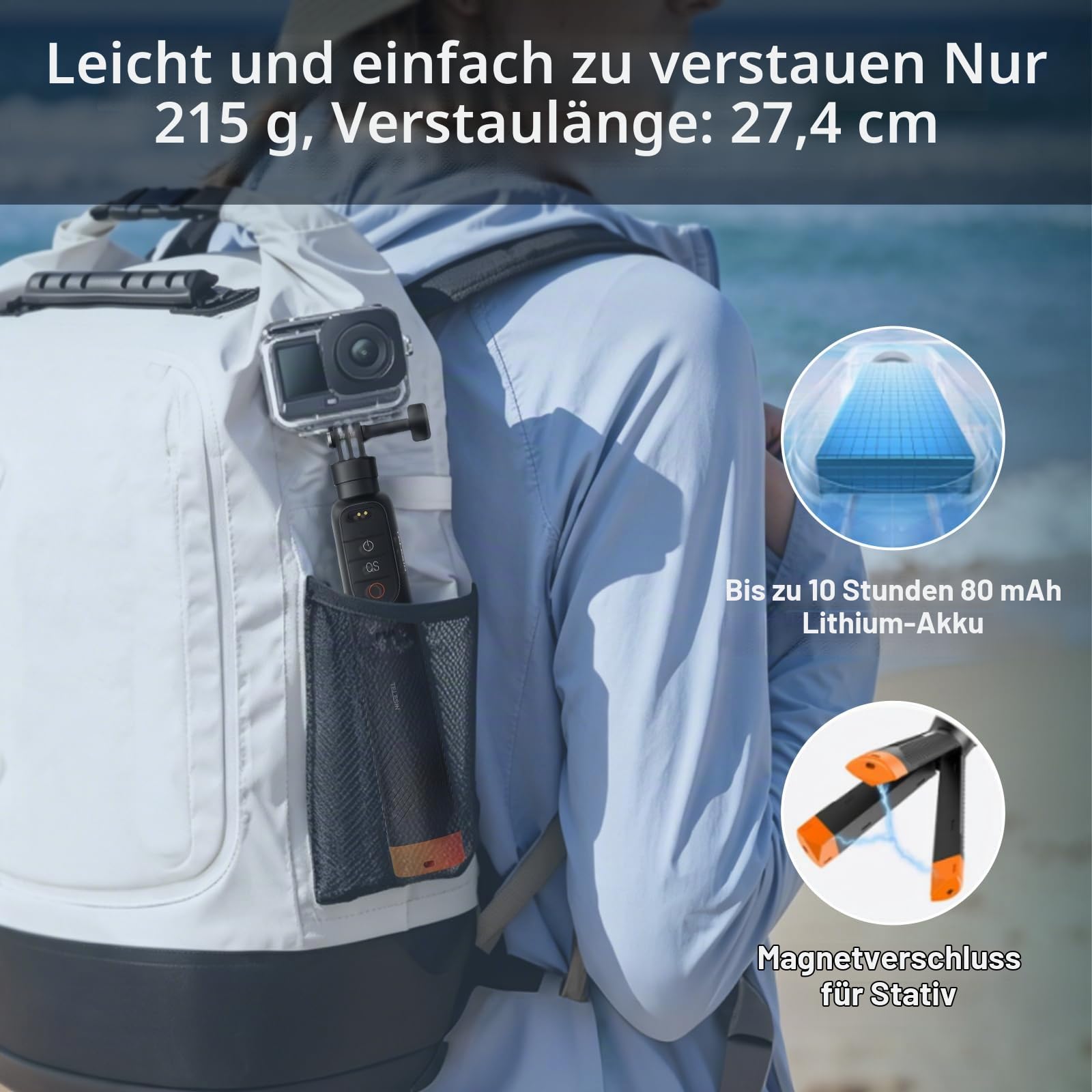 Schwebender Handgriff Selfie Stick Stativ Wasserdicht Ausziehbares Selfie Einbeinstativ Griff mit Bluetooth Fernbedienung für DJI Osmo Action 6 5 Pro 4 Black Action Kamera mit Signalverstärker