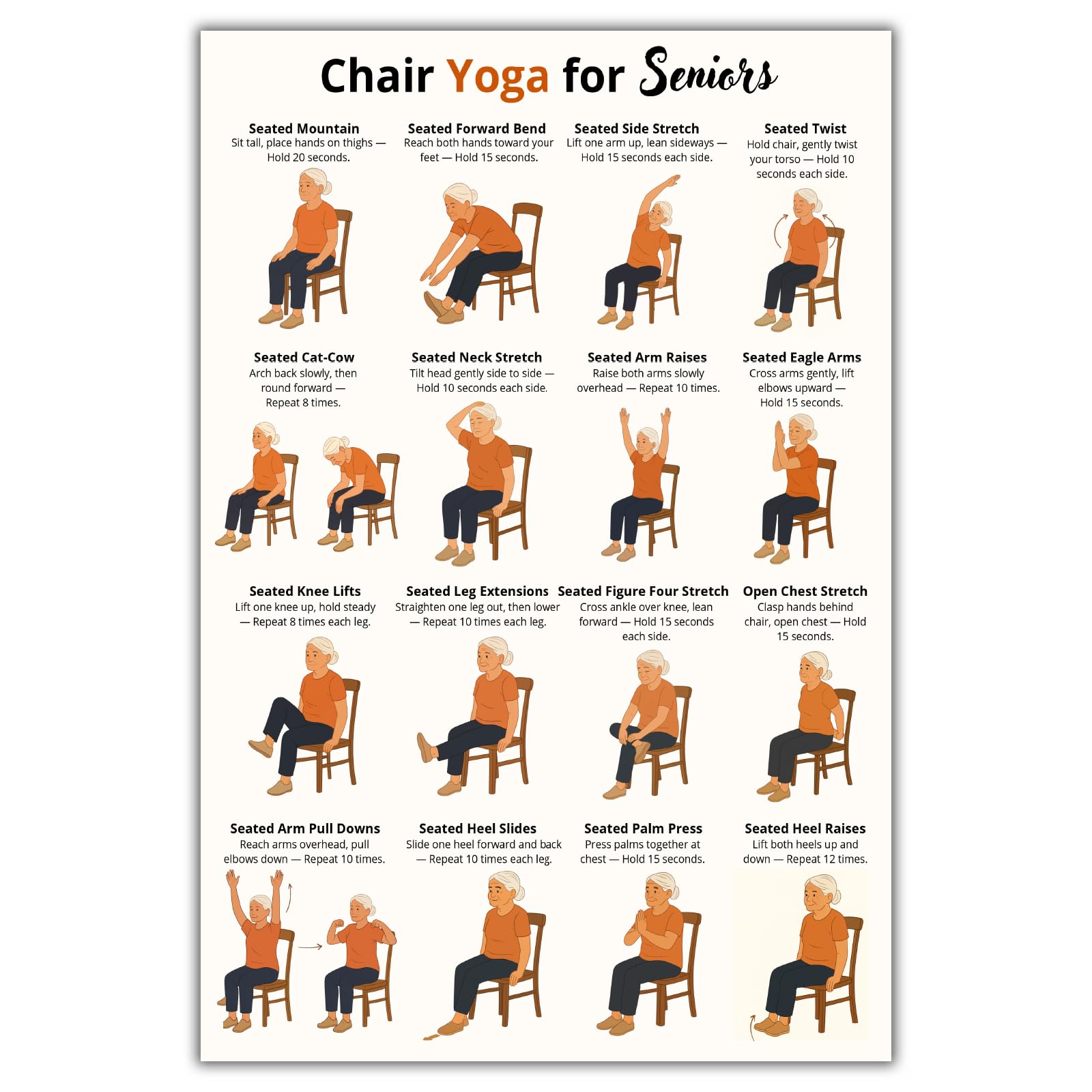 Chair Yoga for Seniors over 60 Chart Poster Wall Art Tai Chi Chair Workout Chart Canvas Wall Decor Prints Chair Exercises for Seniors Wall Art Modern Painting for Bedroom Living Room 12x16 Inch