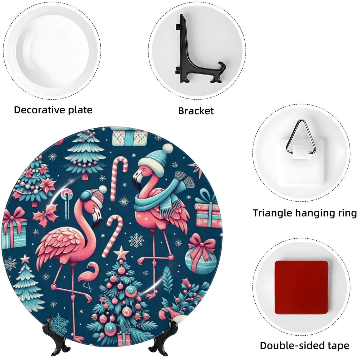 Flamingo-Christmas-Snowflake 10 Inch Decorative Plate With Stand, Elegant Display Wall Plate For Home Decor