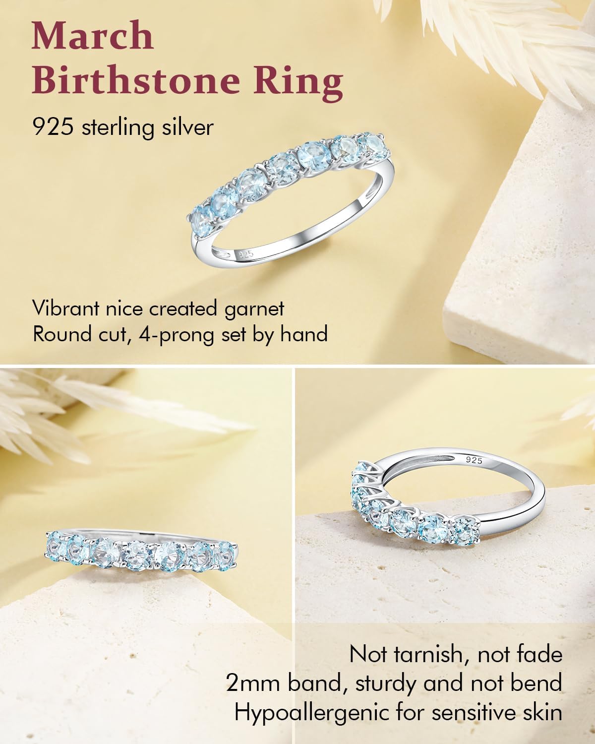 DAYBYDAY 925 Sterling Silver Birthstone Rings for Women White Sapphire Created Gemstone Wedding Band Stackable Half Eternity 7 Stone Anniversary Ring Wife Mom Grandma Birthday Jewelry Size 6-10
