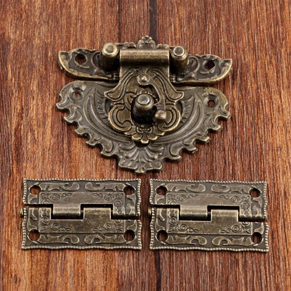 Candado de bronce antiguo para caja de madera + bisagra de armario de maleta, accesorios decorativos retro (3 juegos)