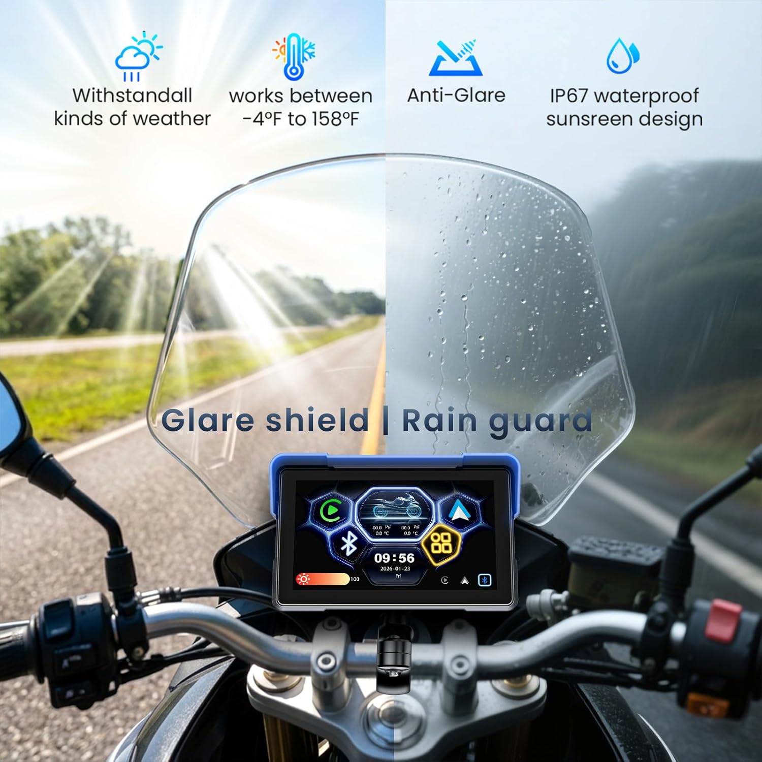 7 Inch Portable Screen Wireless Motorcycle Carplay GPS Navigation System with A-pple Carplay and Android Auto,Bluetooth, Siri, Google Assistant, TPMS, Voice Control/ IP67K Waterproof Touchscreen