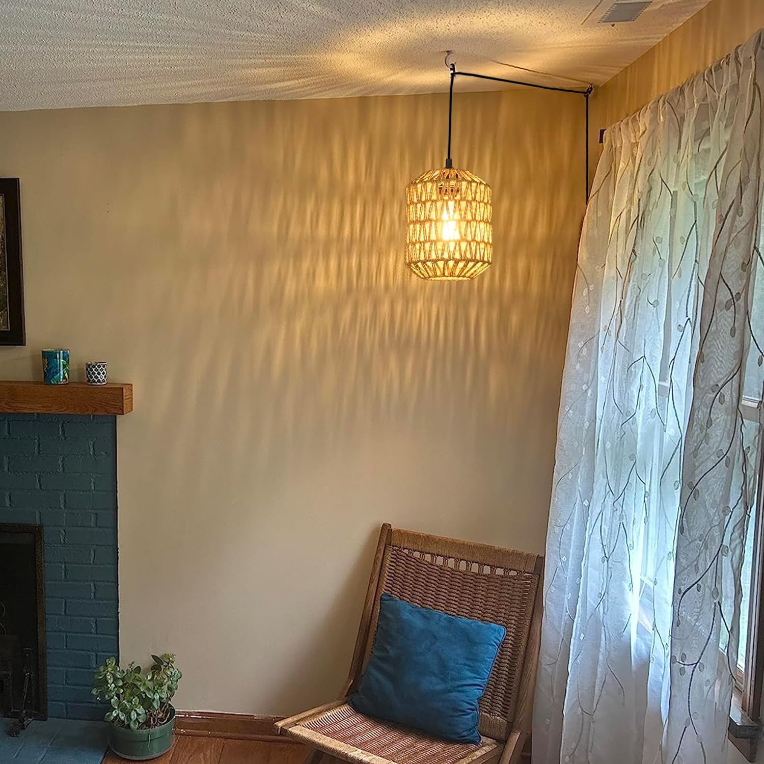 E27 Vintage Lampa Wisząca z Wtyczką i Kablem 4.5M, Ø18cm | Retro Lampa Wisząca z Przełącznikiem Ściemnialnym, Osłona Lampowa z Liny Konopnej DIY, Wewnętrzna/Zewnętrzna Lamp