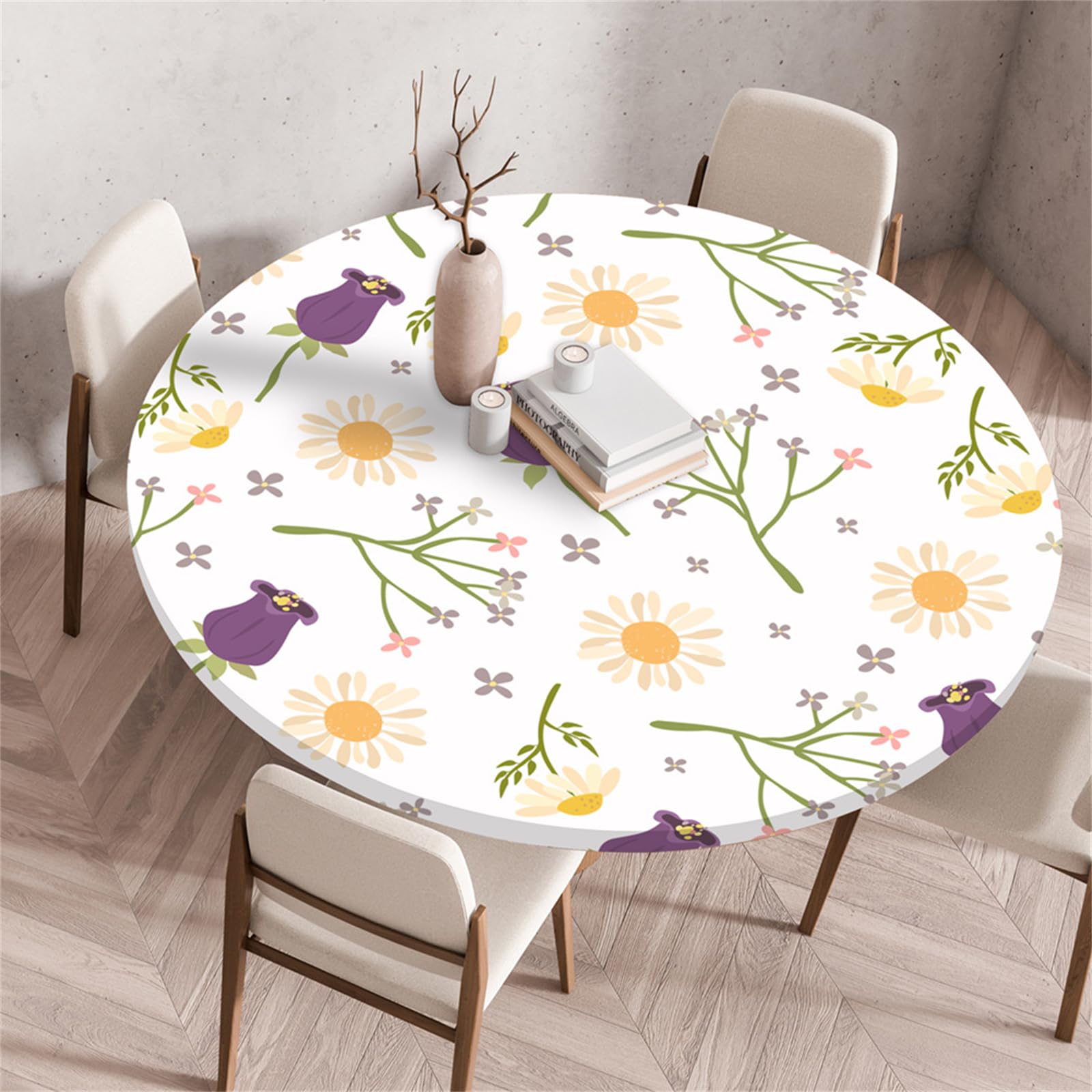 Muiuou Round Tablecloth, Flower Printing Reusable Wipeable Waterproof Oil-Proof Elastic Edged Circle Tablecloth, Fitted Kitchen Restaurant Picnic Home Decoration (Diameter 140cm,Style 9)