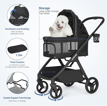 Beberoad X-5 Luxury Pet Stroller for Medium Pets Up to 25kg, Net Black | Full View Dog Pram, 3-in-1 Detachable Carrier & Car Seat, One-Touch Fold, All-Terrain Pushchair, Adjustable Handle