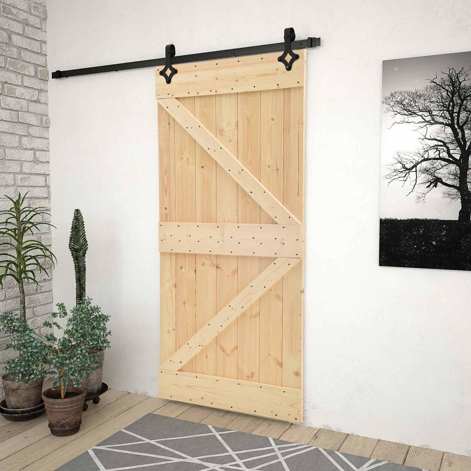 Drzwi przesuwne naturalnie czarne 90 x 210 cm | Lite drewno sosnowe, malowana proszkowo szyna stalowa, oszczędność miejsca, nowoczesna ścianka działowa