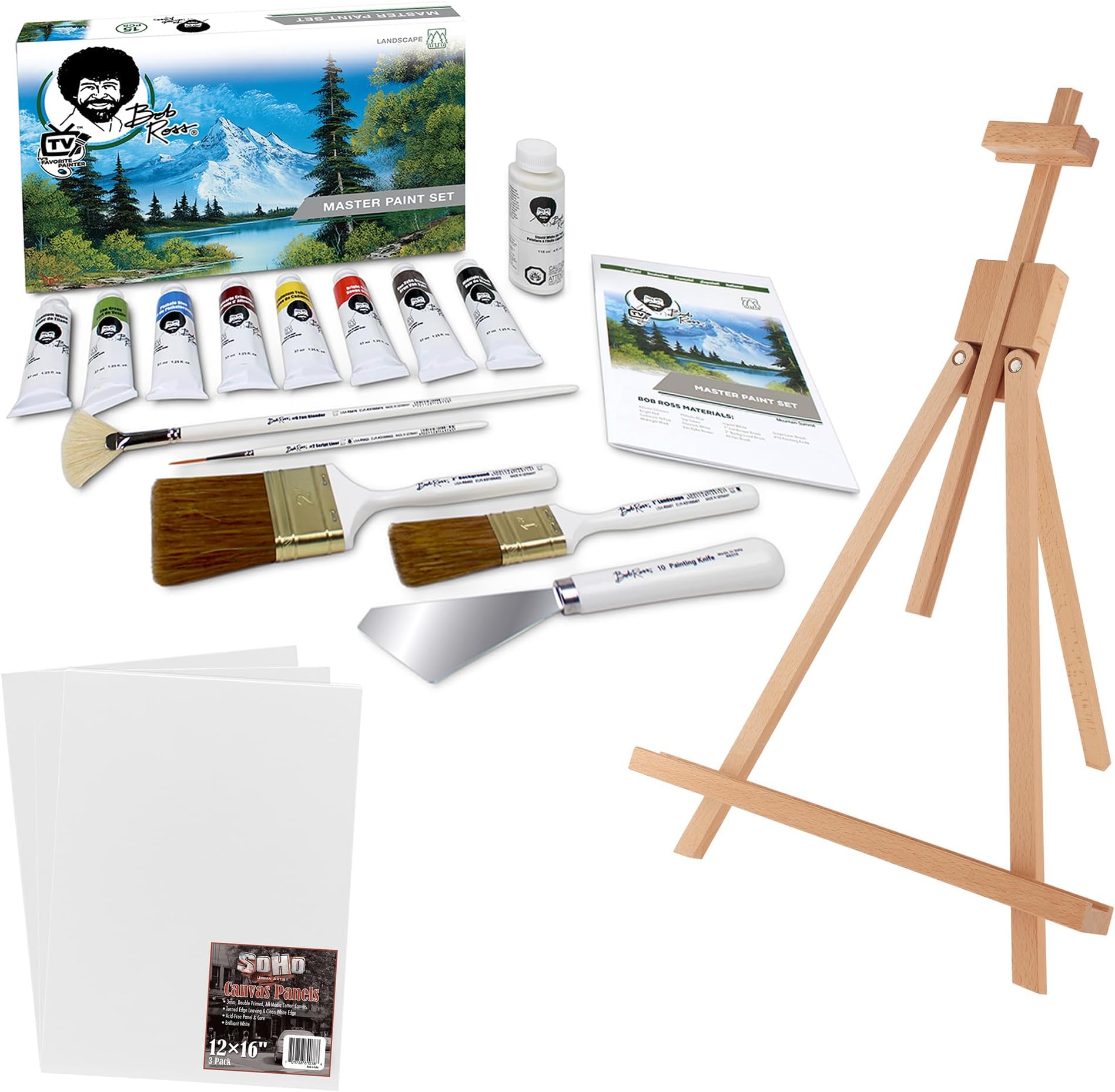 Bob Ross Master Artist Oil Paint 15 Piece Bundle Plus Wood Tabletop Travel Art Easel and Canvas Panels (3pk) - 12x16 (3 Items)