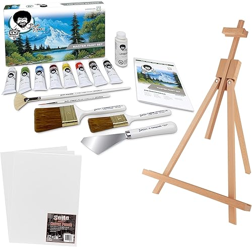 Bob Ross Master Artist - Pintura al óleo de 15 piezas más caballete de madera para viajes, caballete de arte y paneles de lienzo (3 unidades) - 12 x