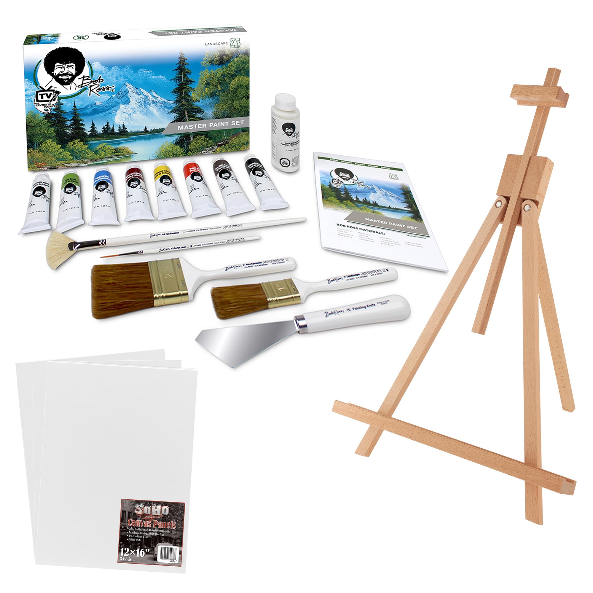 Bob Ross Master Artist Oil Paint 15 Piece Bundle Plus Wood Tabletop Travel Art Easel and Canvas Panels (3pk) - 12x16 (3 Items)
