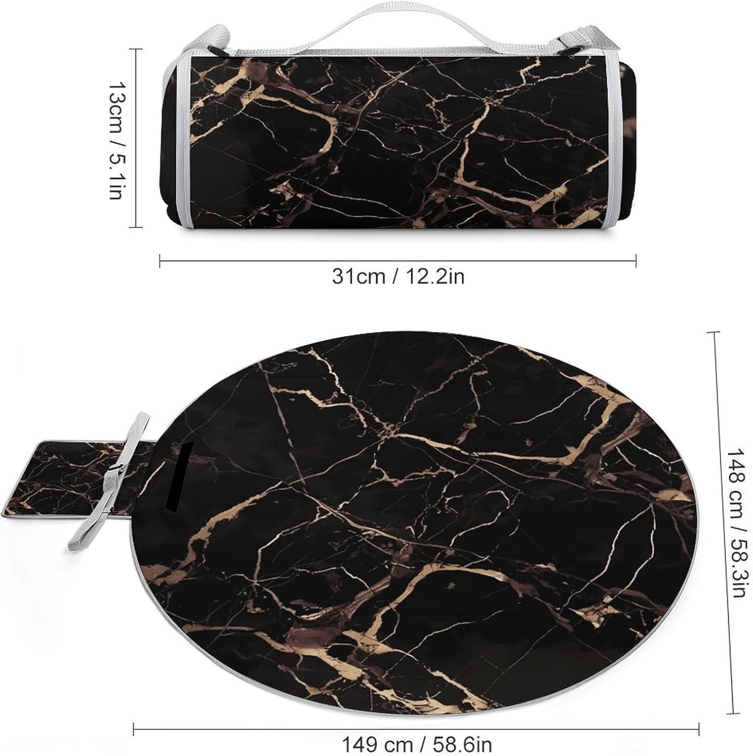 Black Gold Marble Picnic Mat Lightweight Waterproof Picnic Blankets Extra Large Picnic Outdoor Blankets Foldable Sandproof Beach Blanket for Park Beach Camping Courtyard 58.3''x58.3''