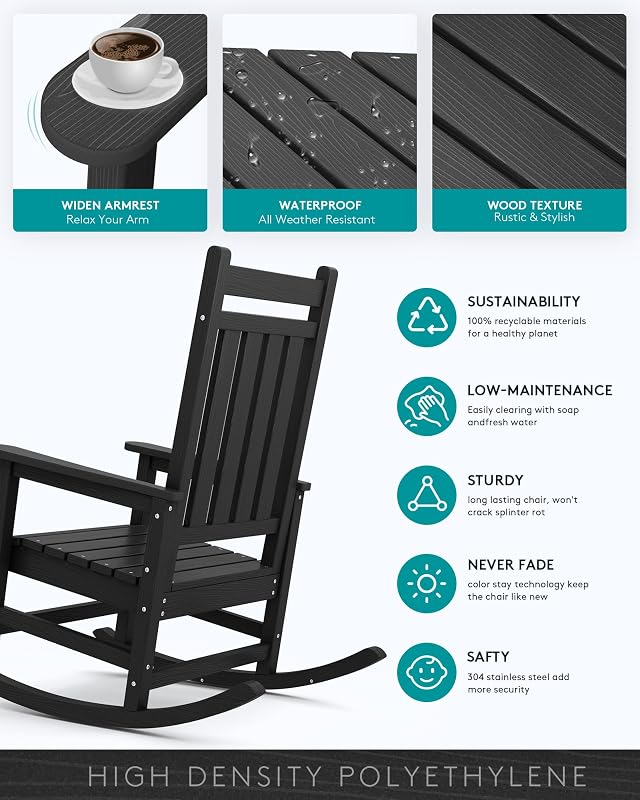 SERWALL Outdoor Rocking Chair Set of 2, HDPE Rocking Chairs for Adult, Black image 4