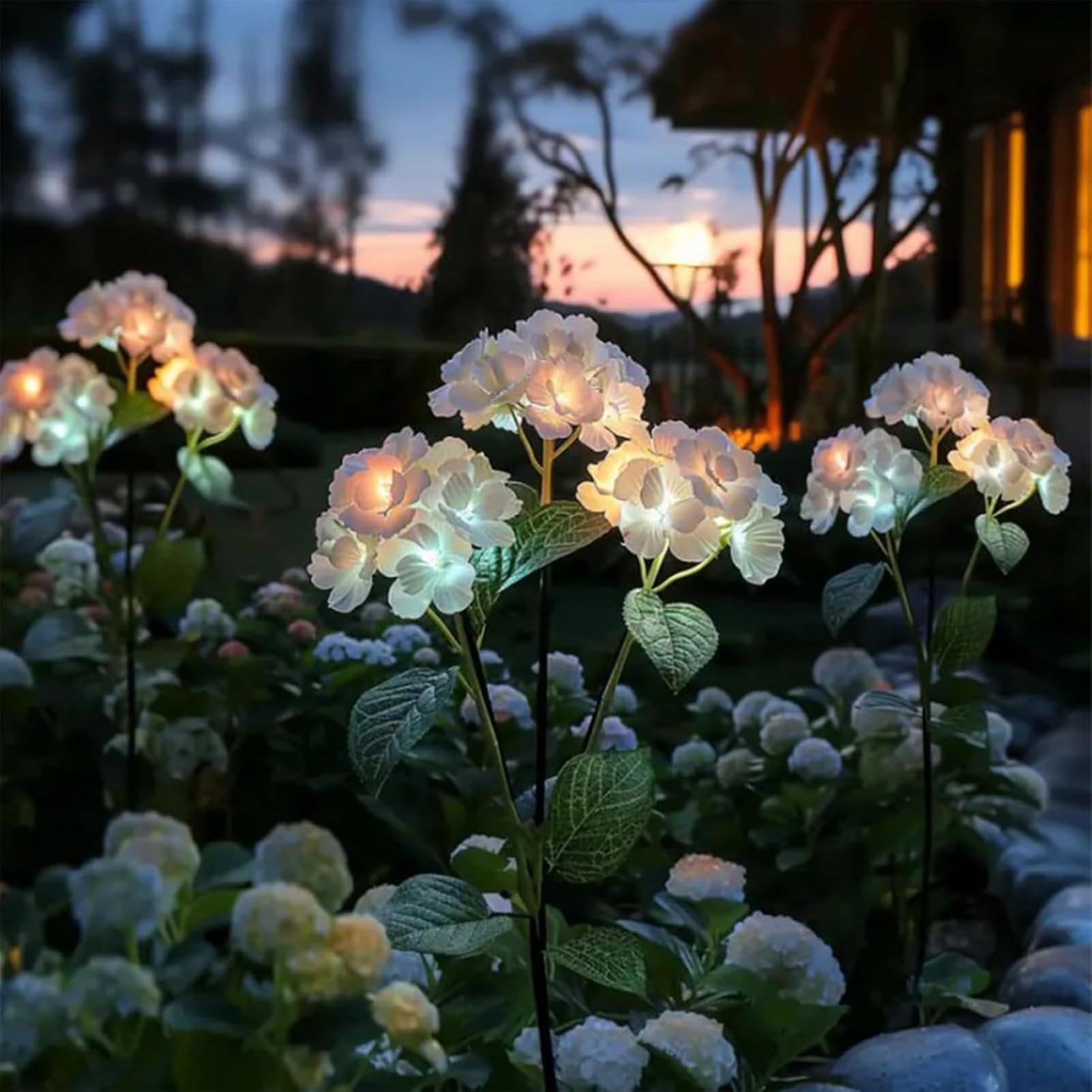 2PCS Fairy Hydrangea Lights, Solar Garden Lights Outdoor, Colorful Hydrangea Flower Light with 2 Modes & 3 Flowers, Realistic Hydrangea Solar Lights, Waterproof Decorative Light for Garden (White)