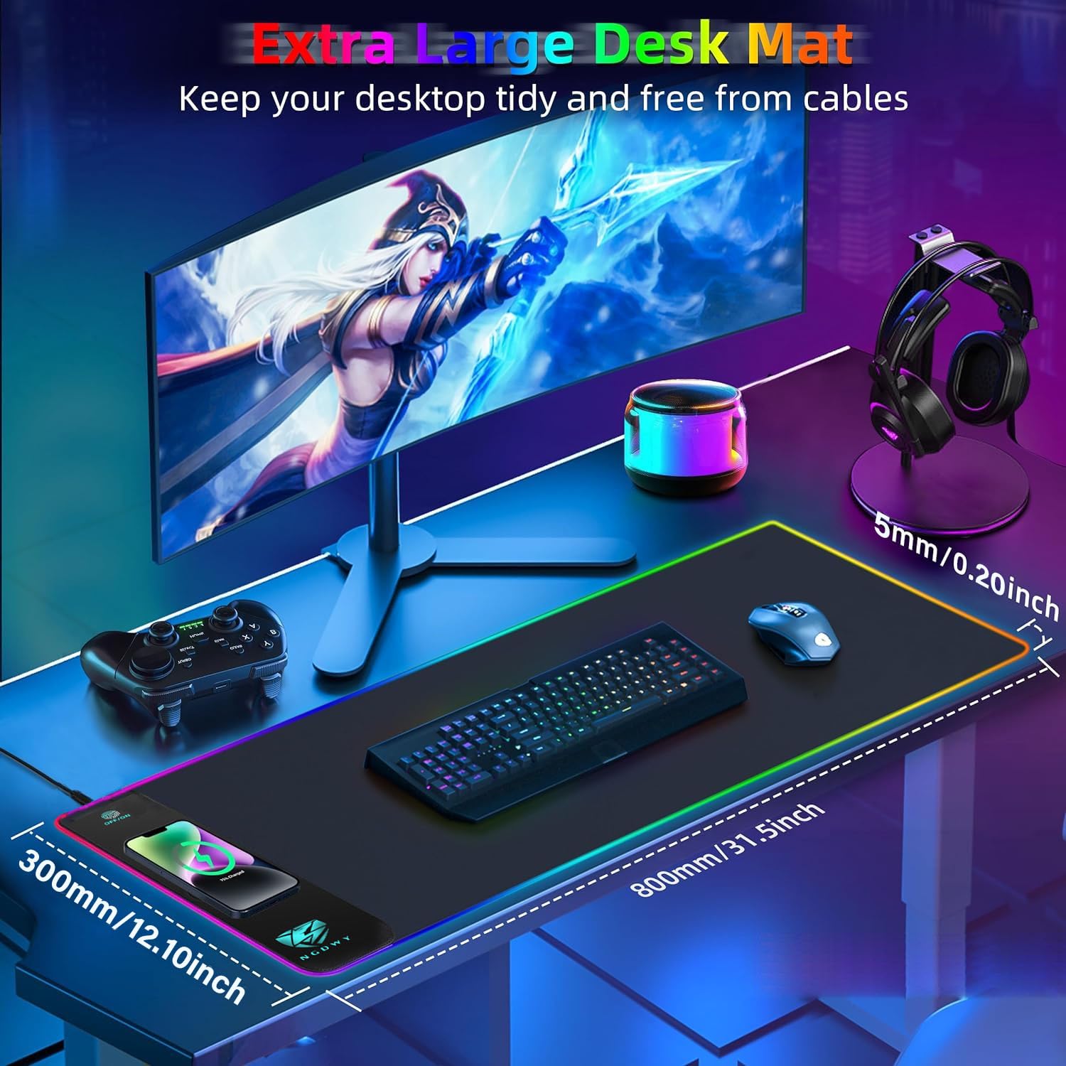 Tappetino per mouse da gioco RGB con ricarica wireless, 15 W, 800 x 300 x 4 mm, ricarica rapida, superficie ultra liscia, base antiscivolo, 13 modalità di illuminazione, tappetino per mouse RGB per