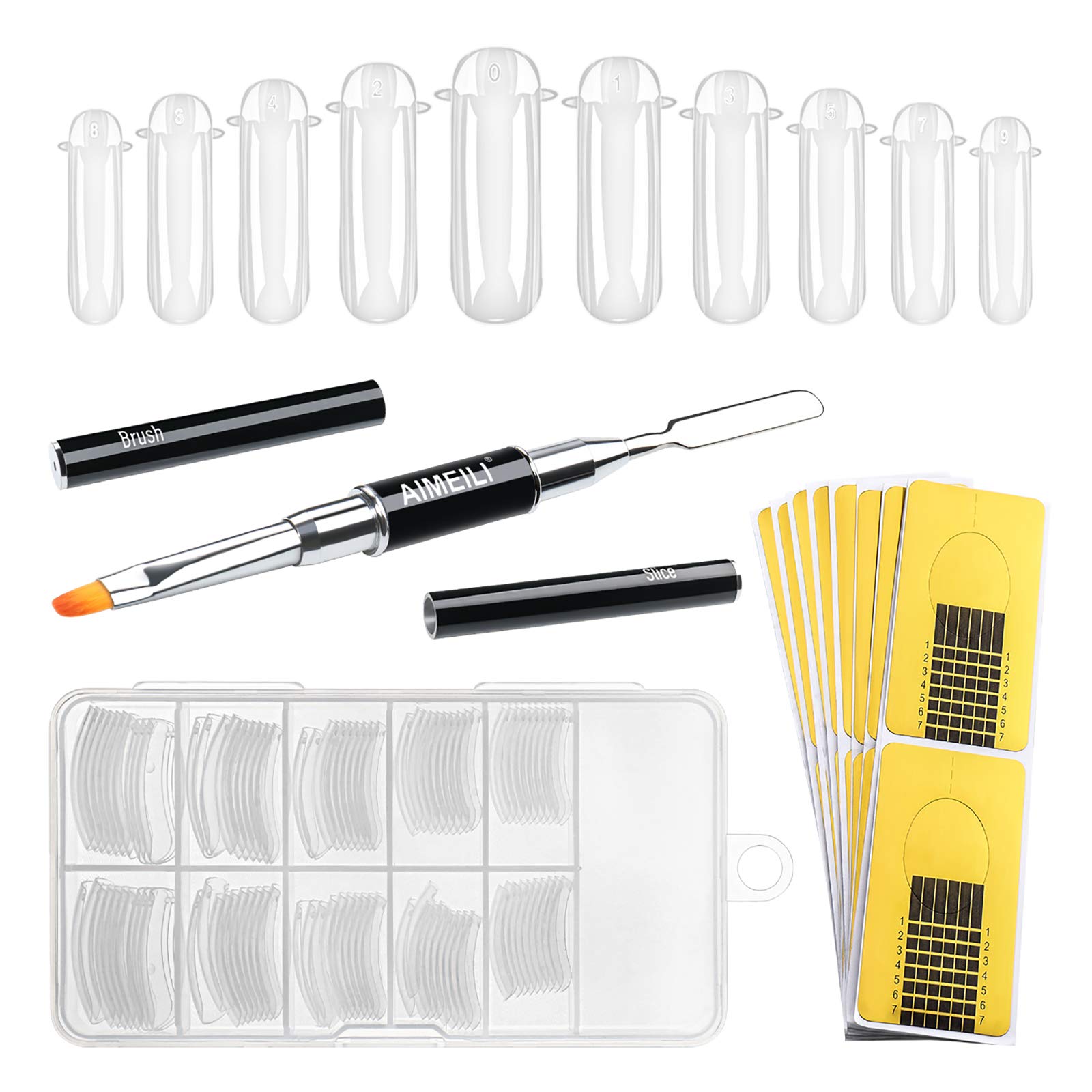 AIMEILI Nail Extension Gel Tool Nail Art Kit, 2 in 1 Gel Pen Brush, 100pcs Dual Nail Forms Clear Nail Molds, 10pcs Nail Extension Tips Form Guide Sticker