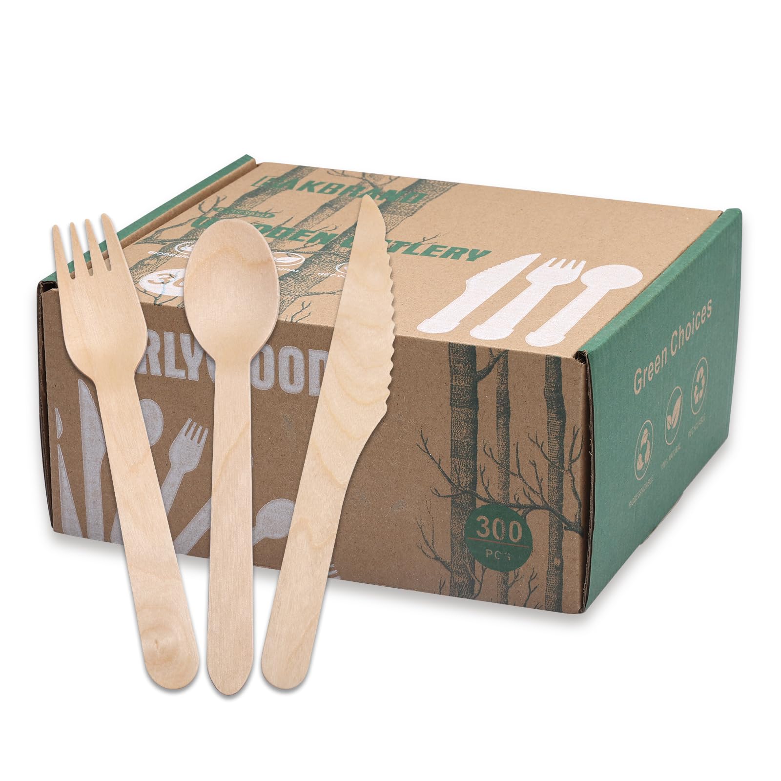 Disposable Wooden Cutlery Set 300 Pcs (100 Spoons, 100 Forks, 100 Knives) Compostable Tableware Natural Degradable Utensils for Parties, Events, Camping, Picnics, Birthdays