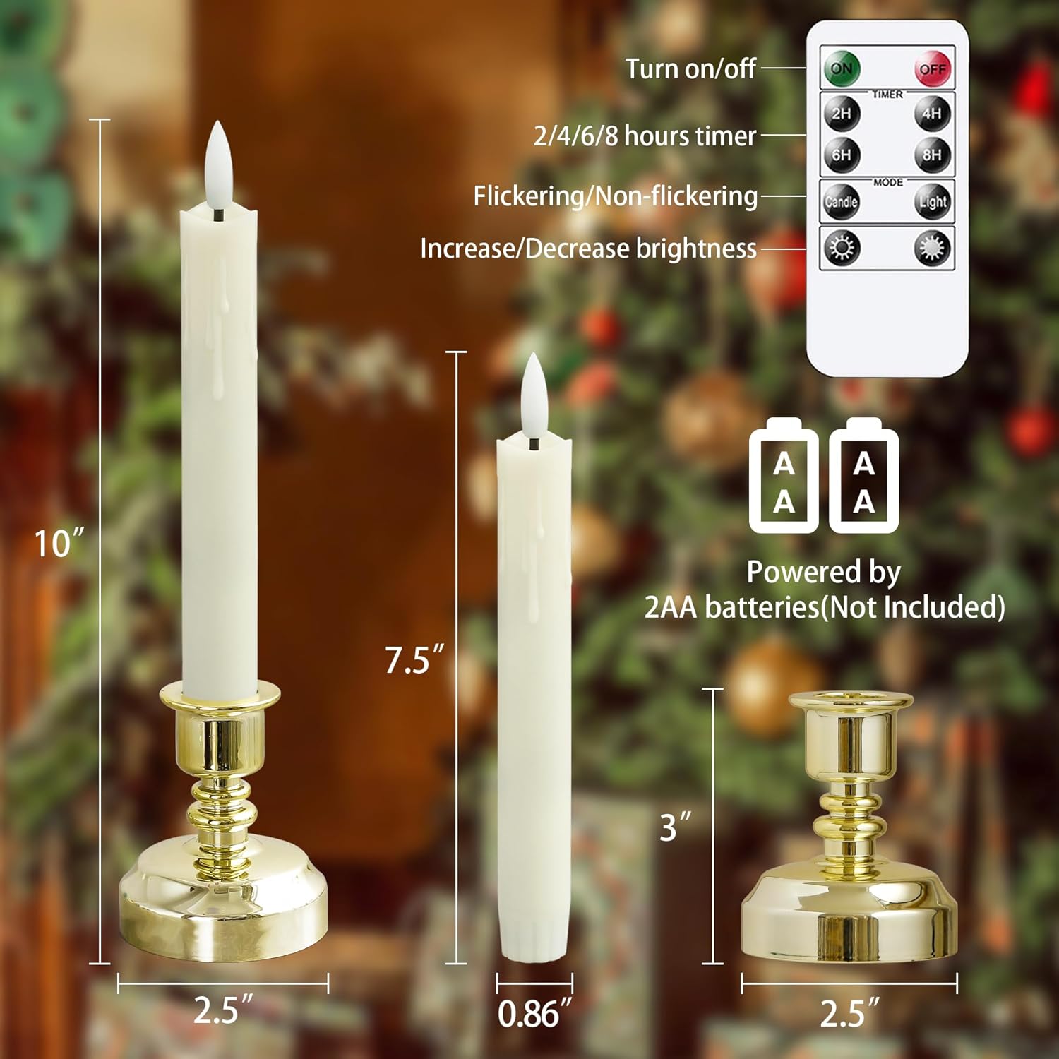 LED Window Candles with Holders and Remote Controls, Ivory Flameless Battery Operated Fake Taper Pack of 6 Candles with Timer Function (Gold Holder)