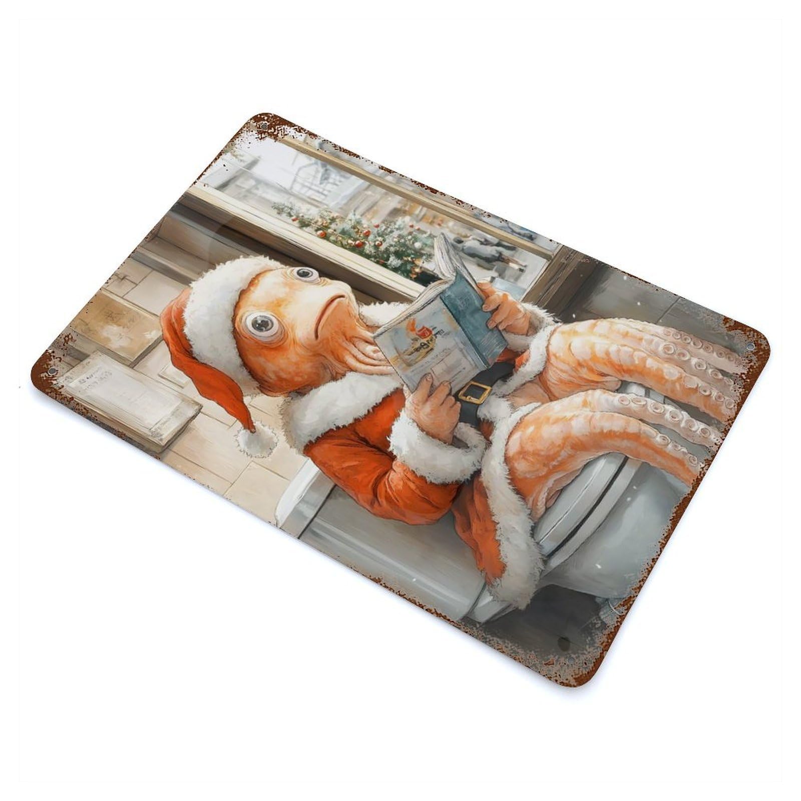 Octopus Santa on Toilet 11.8"x7.9" Rust Effect Tin Sign, Rustic Home Decor for Office, Studio And Wall Decor