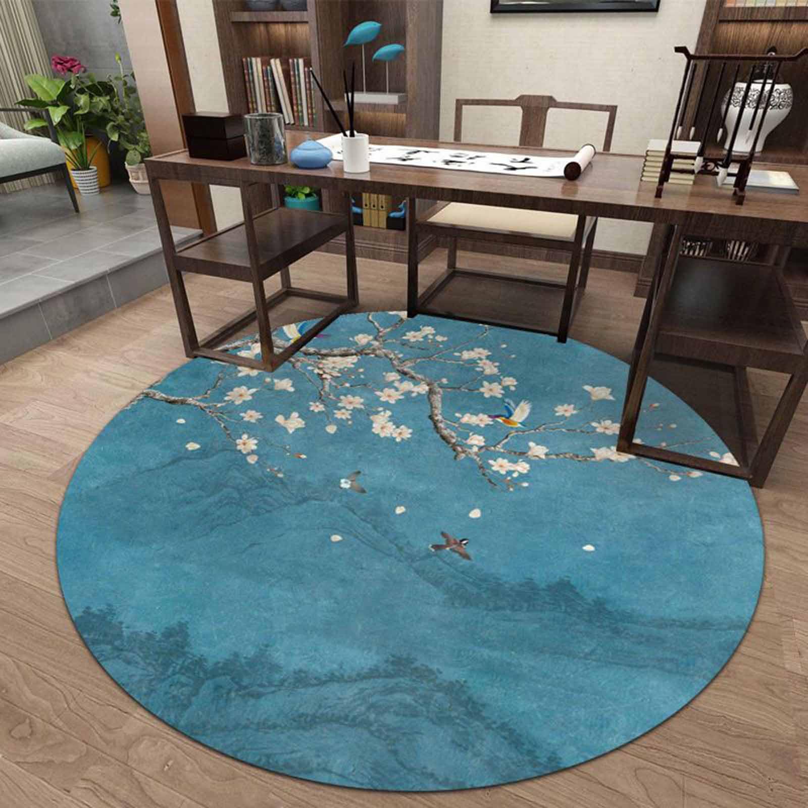 Tapis Ronds Bleu Beige pour Salon Chambre à Coucher intérieur Tapis orientaux lavables 60cm 80cm 100cm 120cm 140cm 160cm 180cm 200cm