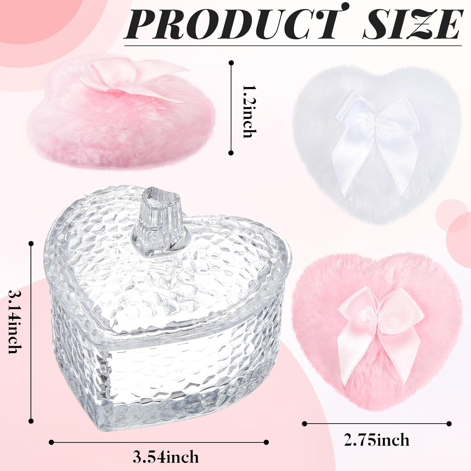 Tioncy 3 Pcs Large Body Powder Puff and Container Valentine's Day gift Powder Container with Puff Crystal Case Soft Washable Reusable Velour Face Body Glitter Wet Dry Makeup(Hammered Heart,Clear)
