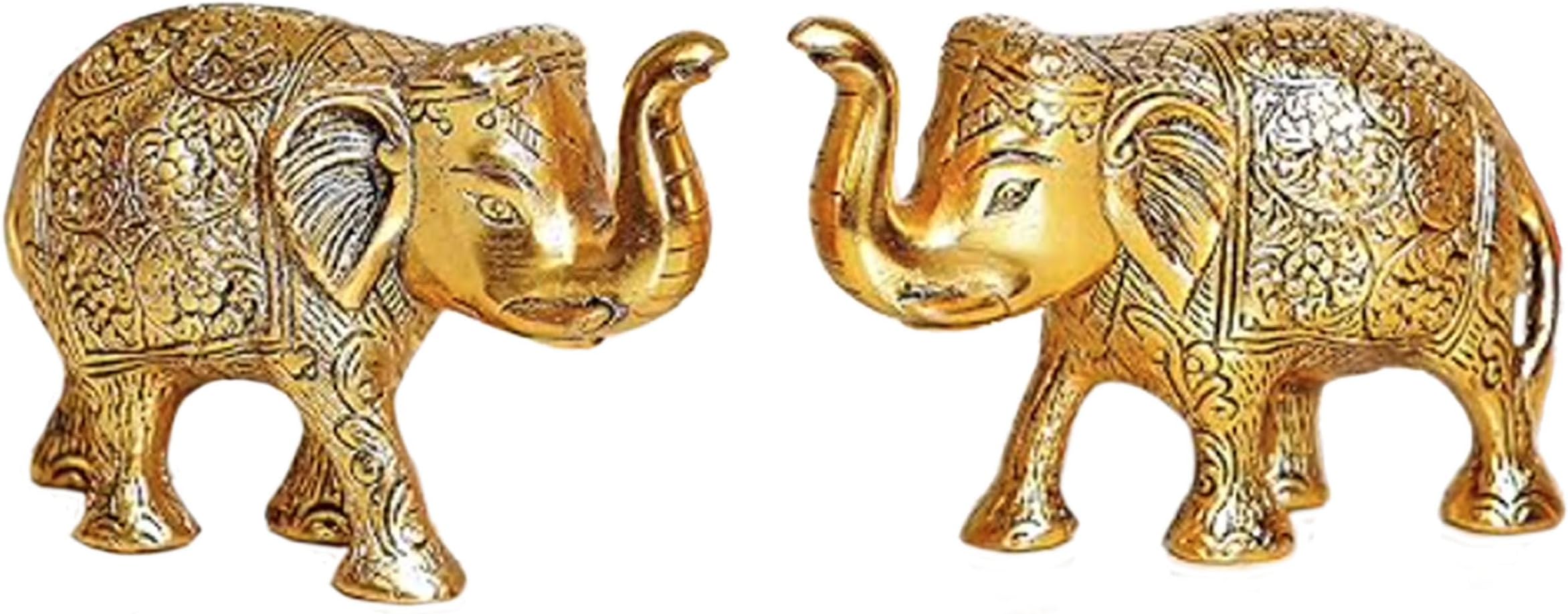 Metal Elephant Statue 2Pc Set-Small-Gold Polish. Animal Article Showpiece Figurines-Pair Elephants-Sign of Wisdom,Strength,Wealth,Good Luck for Home, Office/Tabletop Decor, Best Gift Idea.