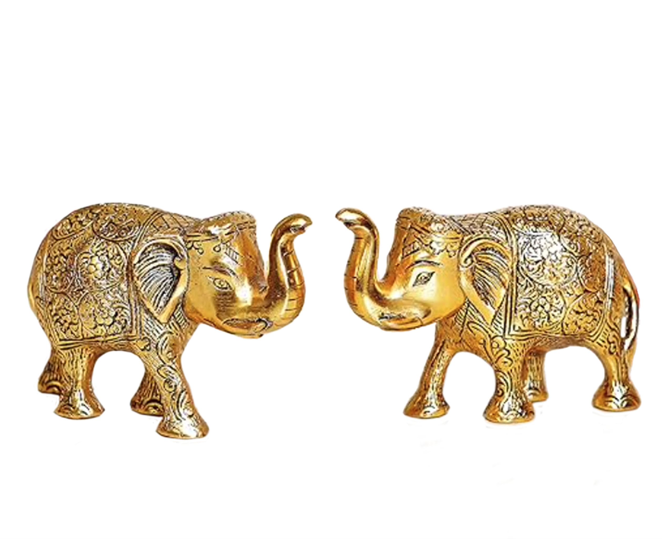 Metal Elephant Statue 2Pc Set-Small-Gold Polish. Animal Article Showpiece Figurines-Pair Elephants-Sign of Wisdom,Strength,Wealth,Good Luck for Home, Office/Tabletop Decor, Best Gift Idea.