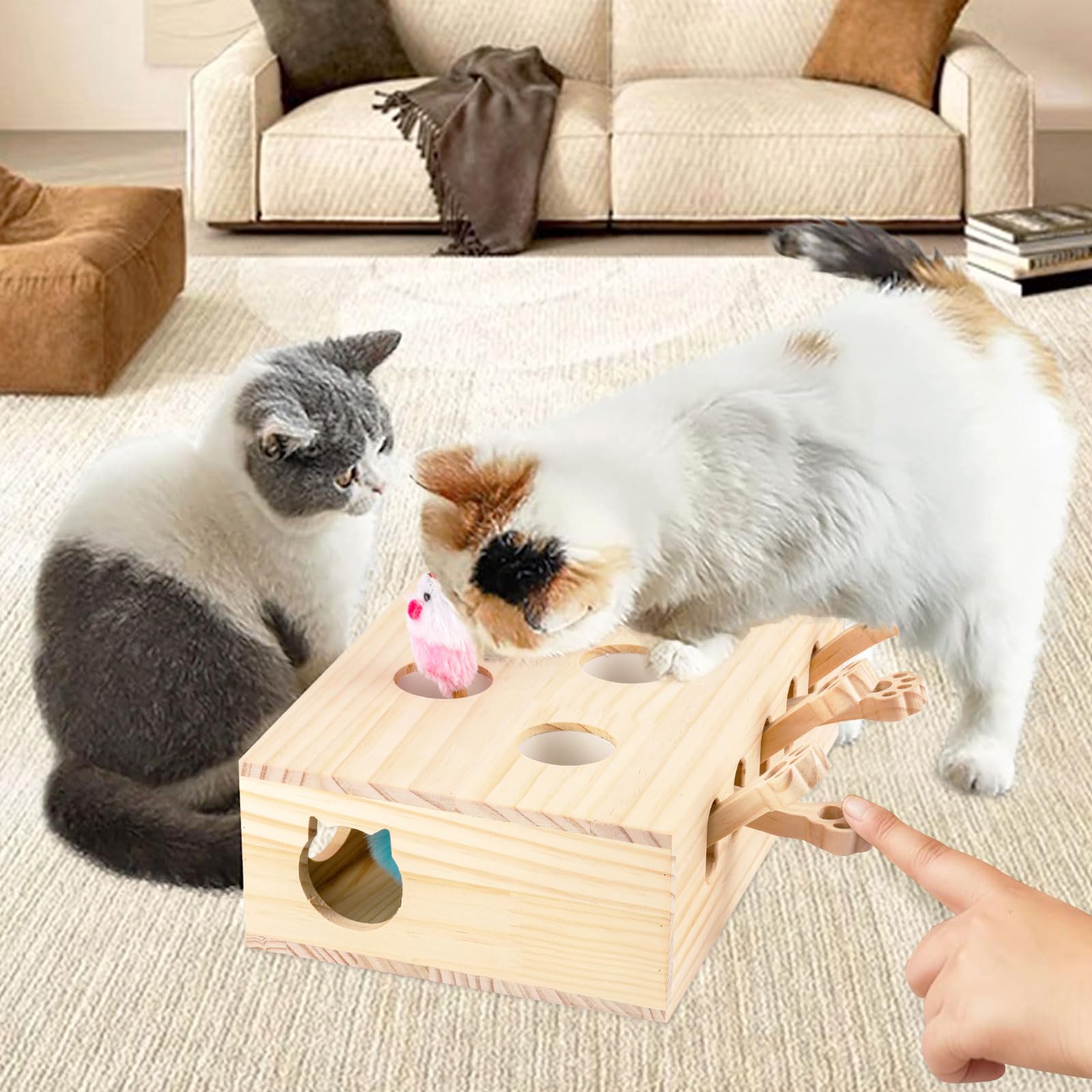 Interaktives Katzenspielzeug Holz Spielzeug, Maulwurf Maus, Puzzle Box mit Spielzeugen für Katzen, Jagd, Spielen, Trainieren Kratzen 5 Löcher perfekt für Indoor-Übung und Spaß (Holzfarbe)
