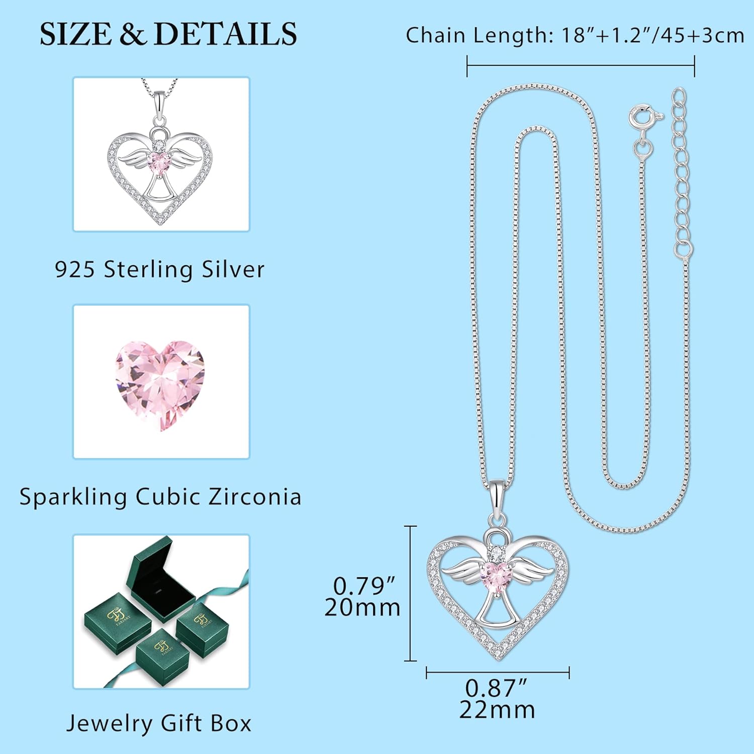 FJ Guardian Angel Necklace 925 Sterling Silver Heart Angel Wings Pendant Birthstone Jewelry for Women - Image 5