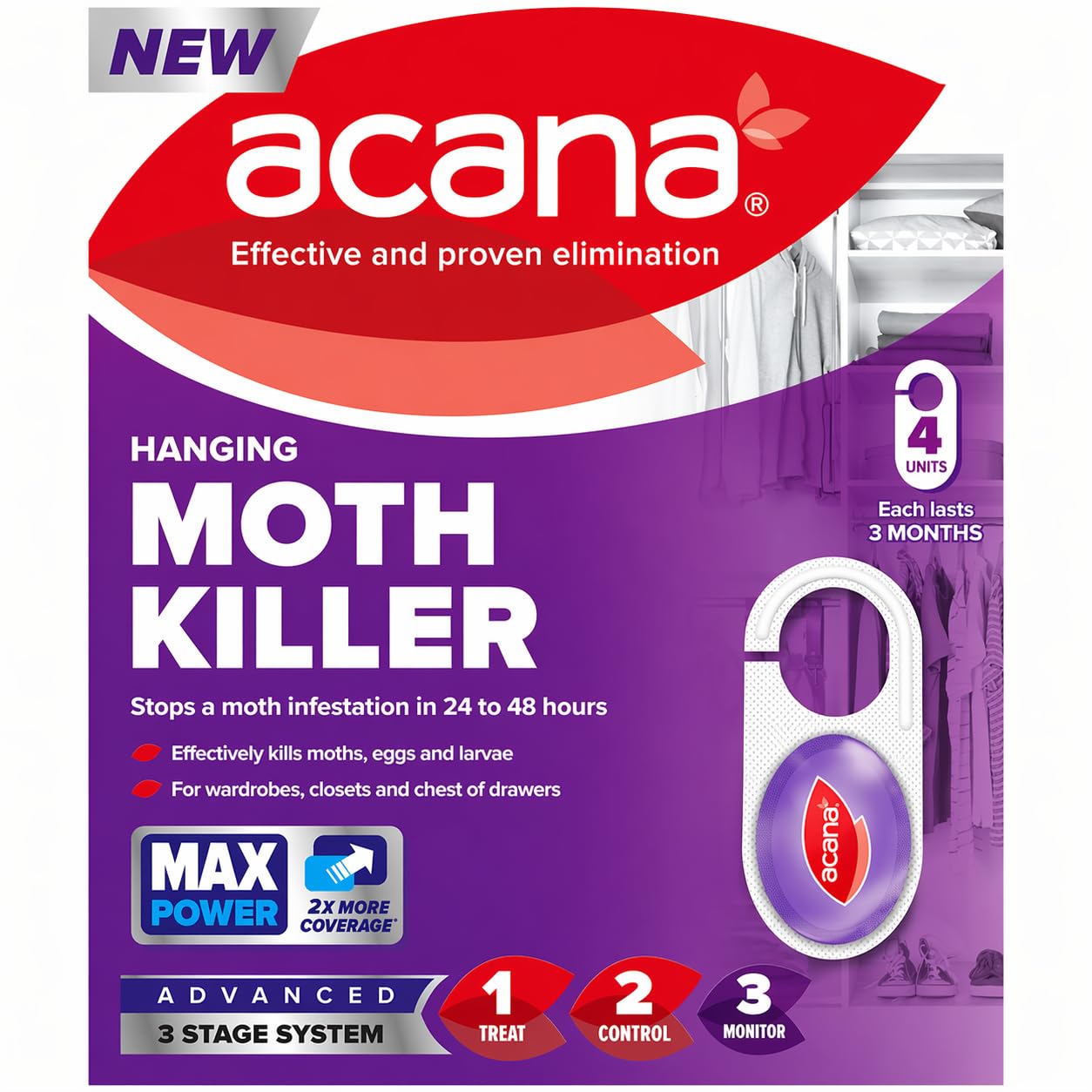 Acana Hanging Moth Killer 4 Pack – Wardrobe & Closet Protection for Clothes Storage, Long Lasting Fabric Care for Drawers & Cupboards, Helps Reduce Moth Activity, Home Storage Protection Solution