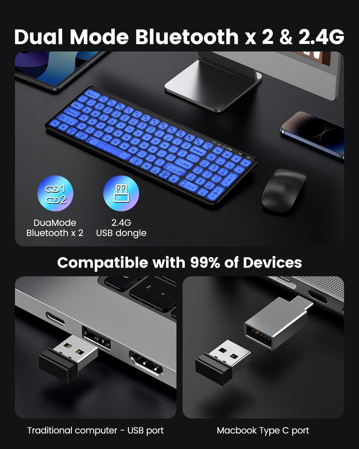 Diagram showing dual mode Bluetooth and 2.4G connectivity