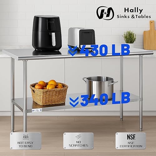 Vista 57 de Hally - Mesa de trabajo y preparación de acero inoxidable de 24 x 30 pulgadas, mesa comercial con certificación NSF de gran resistencia con estante
