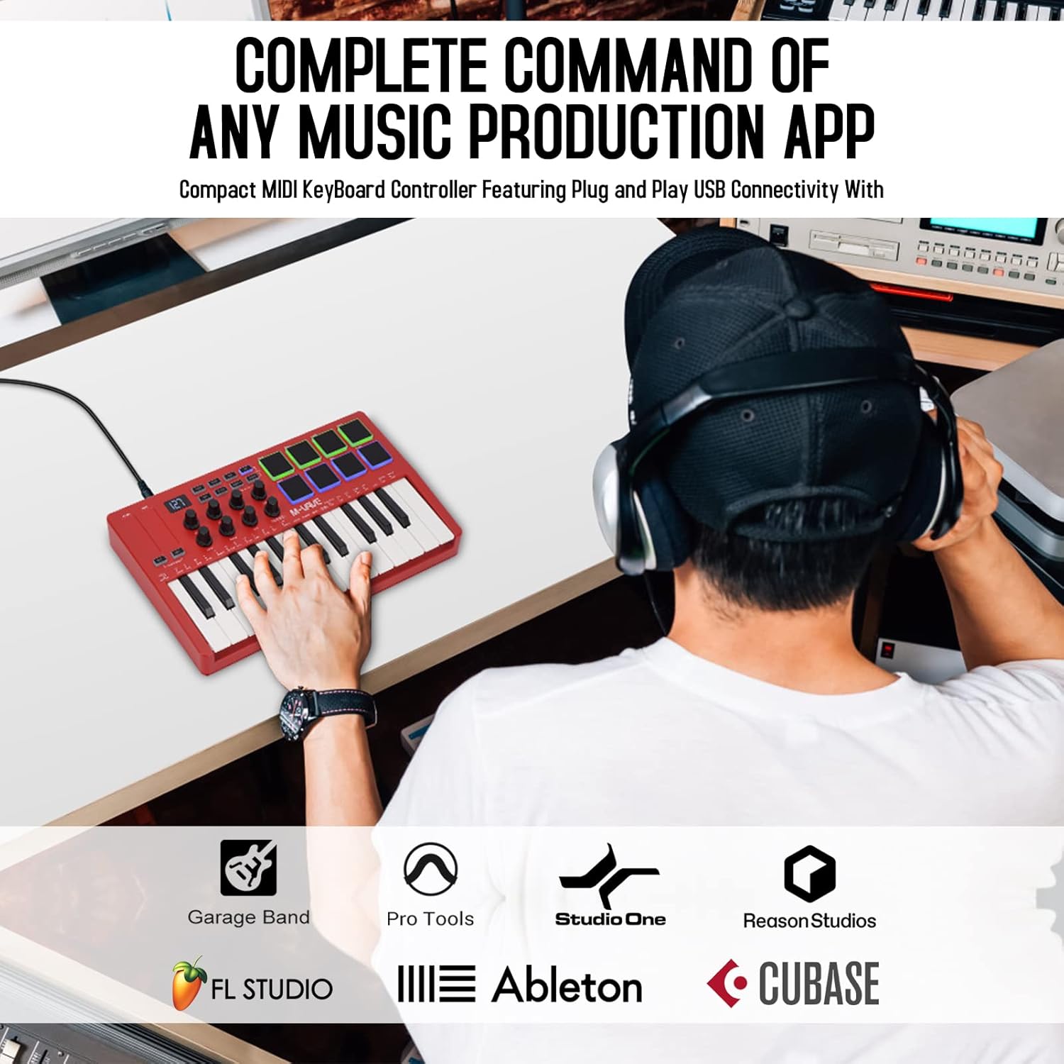 M-VAVE K5 MIDI Controller in a studio setting, demonstrating compatibility with various music production apps.
