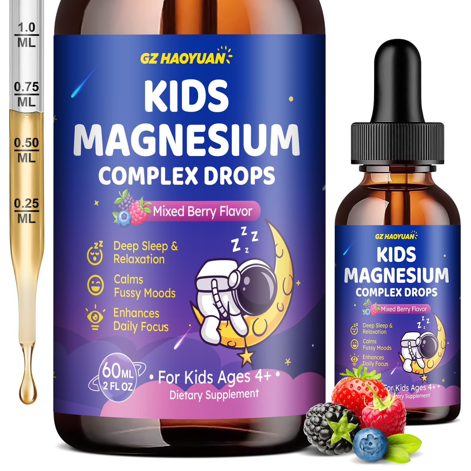 Magnesium Complex Liquid for Kids, Magnesium Glycinate, Malate, Taurate, Citrate with L-Theanine, Vitamin B6, B12, D3 Kids Liquid Drops for Sleep, Relaxation, Calm, Focus - 2 Fl Oz, Mixed Berry Flavor Mixed Berry 2 Fl Oz (Pack of 1)