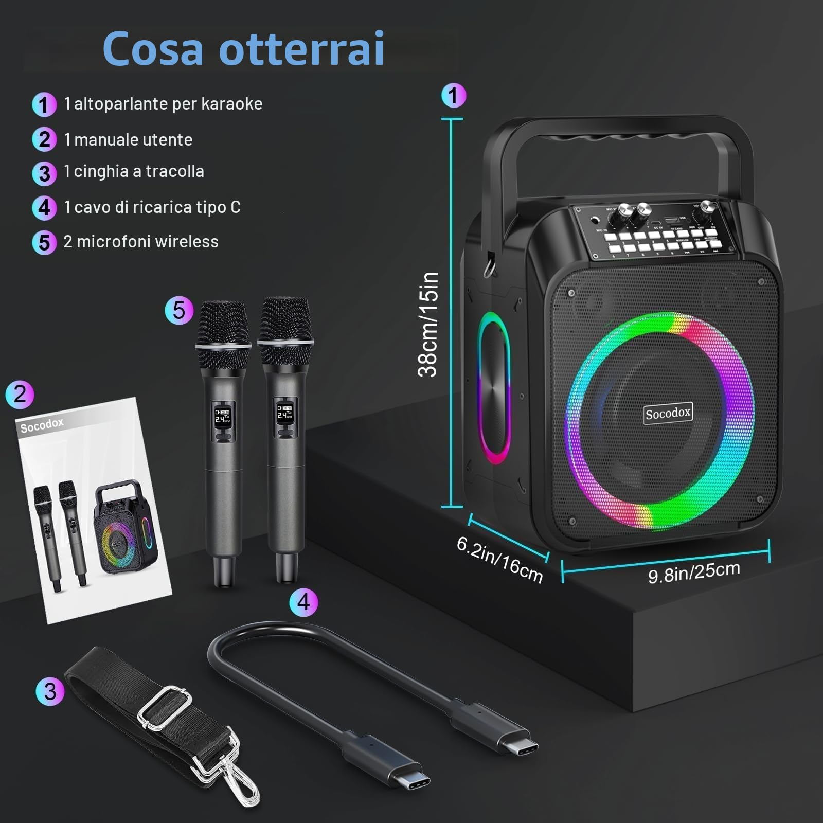 Macchina Karaoke, Altoparlante Bluetooth Portatile con 2 Microfoni Wireless, Batteria 6000mAh 8H Riproduzione,Stereo TWS,Luci RGB,Sistema PA Dual Bass Boost per Adulti,Bambini,Feste,Canto,DJ