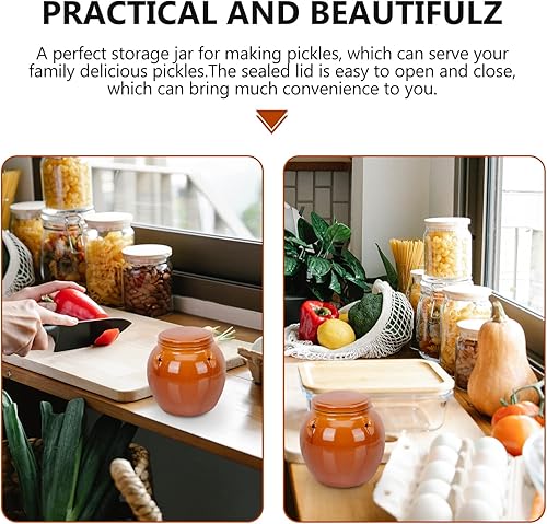 Miniatura 2 de Vaguelly Contenedor de cereales de cerámica de 1 litro, recipiente de fermentación Kimchi con tapa hermética, tarro de vino para preparar, tarro de