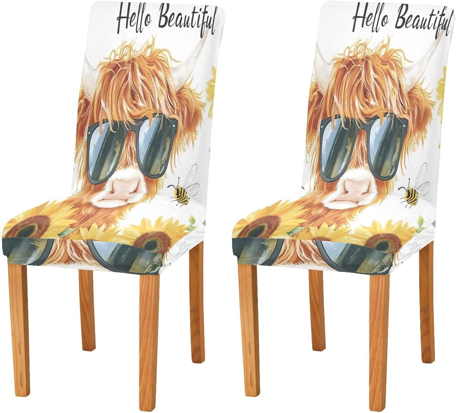 ALAZA Chair Covers for Dining Room, Highland Cattle Sunflower Sunglasses Stretch Chair Cover Sets Chair Protector Removable Washable for Ktichen Restaurant Hotel