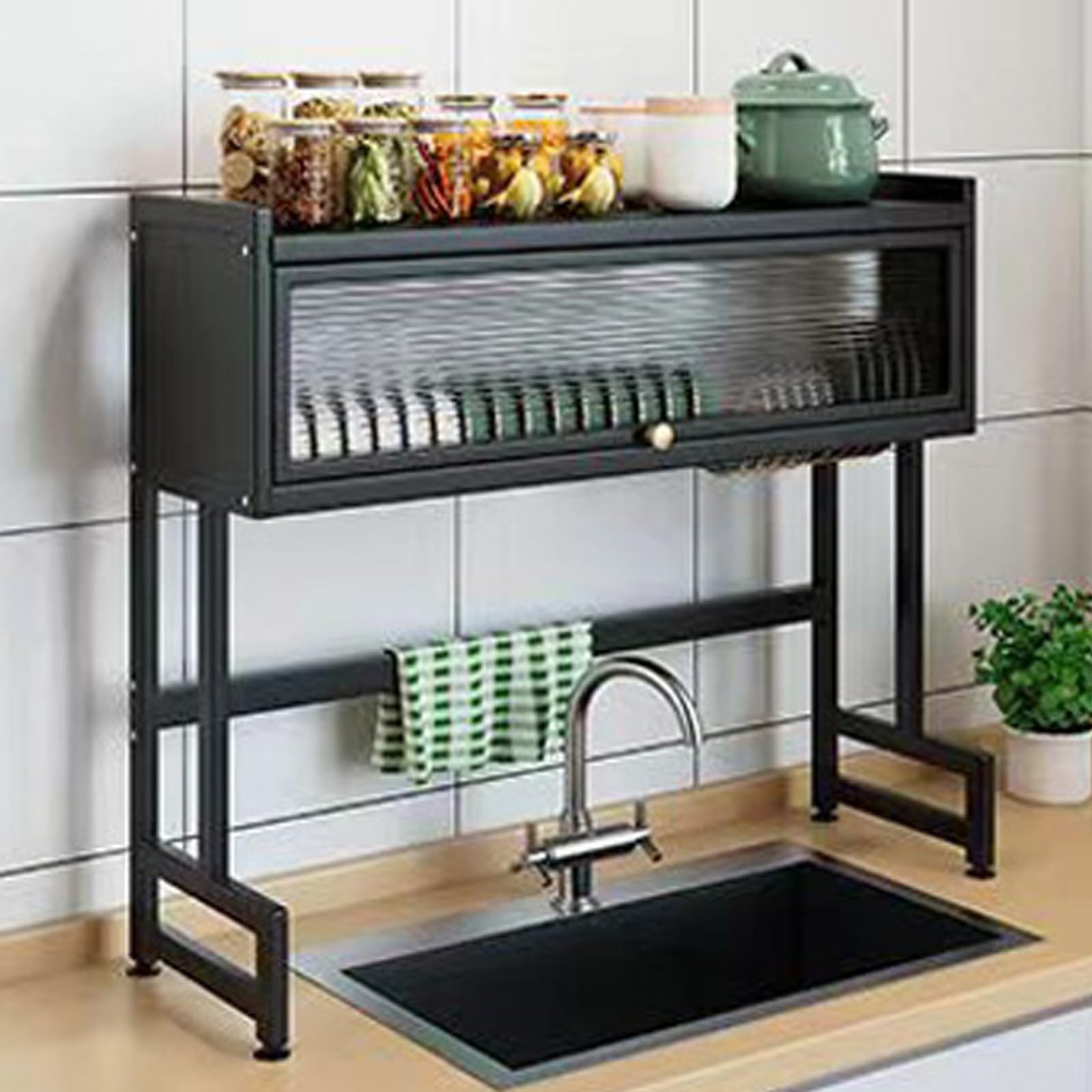 OverSink - Escurridor de platos con cubierta, 29.5 pulgadas, multifuncional, de acero al carbono, para platos, vasos y cuencos, color negro