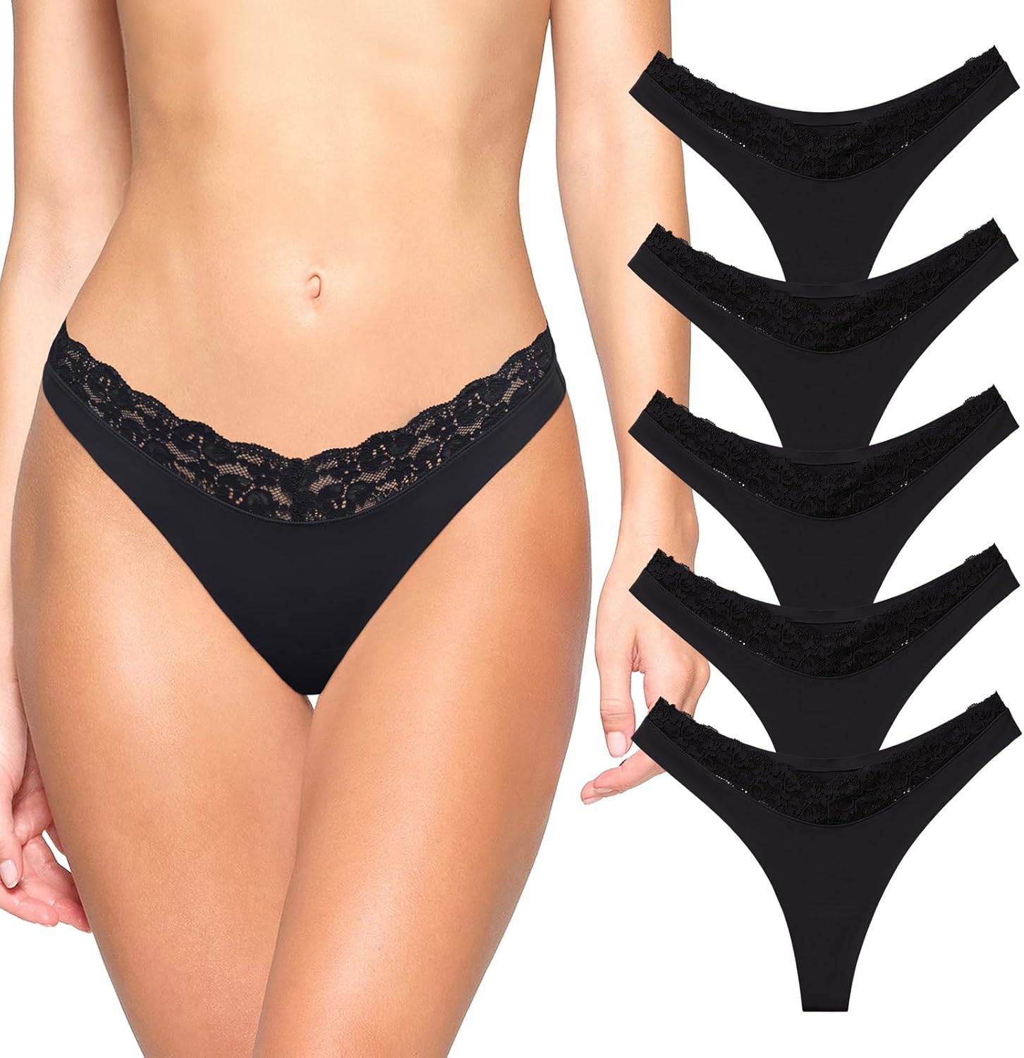 REORIA Womens Sexy Lace Seamless Thongs Panties for Women Cheeky No Show Breathable Underwear 5-Pack