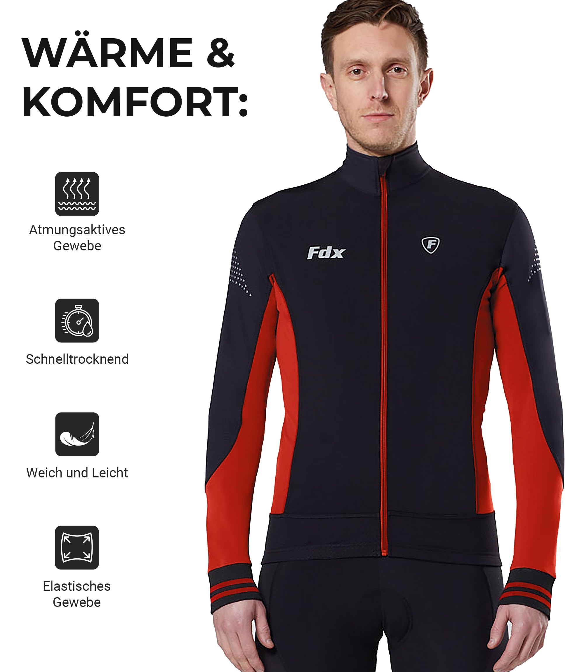 FDX Herren Thermo Winter-Radtrikot Italienischer Roubaix Stoff, Langarm, Leichtes und Warmes Fleece, Atmungsaktiv, Radsportbekleidung für Rennrad & Fahrrad