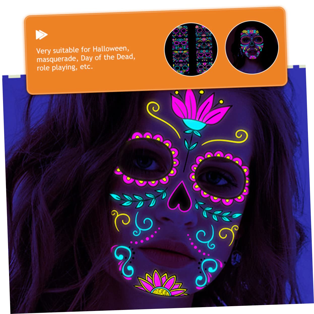 Healvian 24hojas Tatuajes De Halloween Fluorescentes Para Rostro Pegatinas De Calavera Para Maquillaje y Fiesta De Disfraces De Diseño Diverso