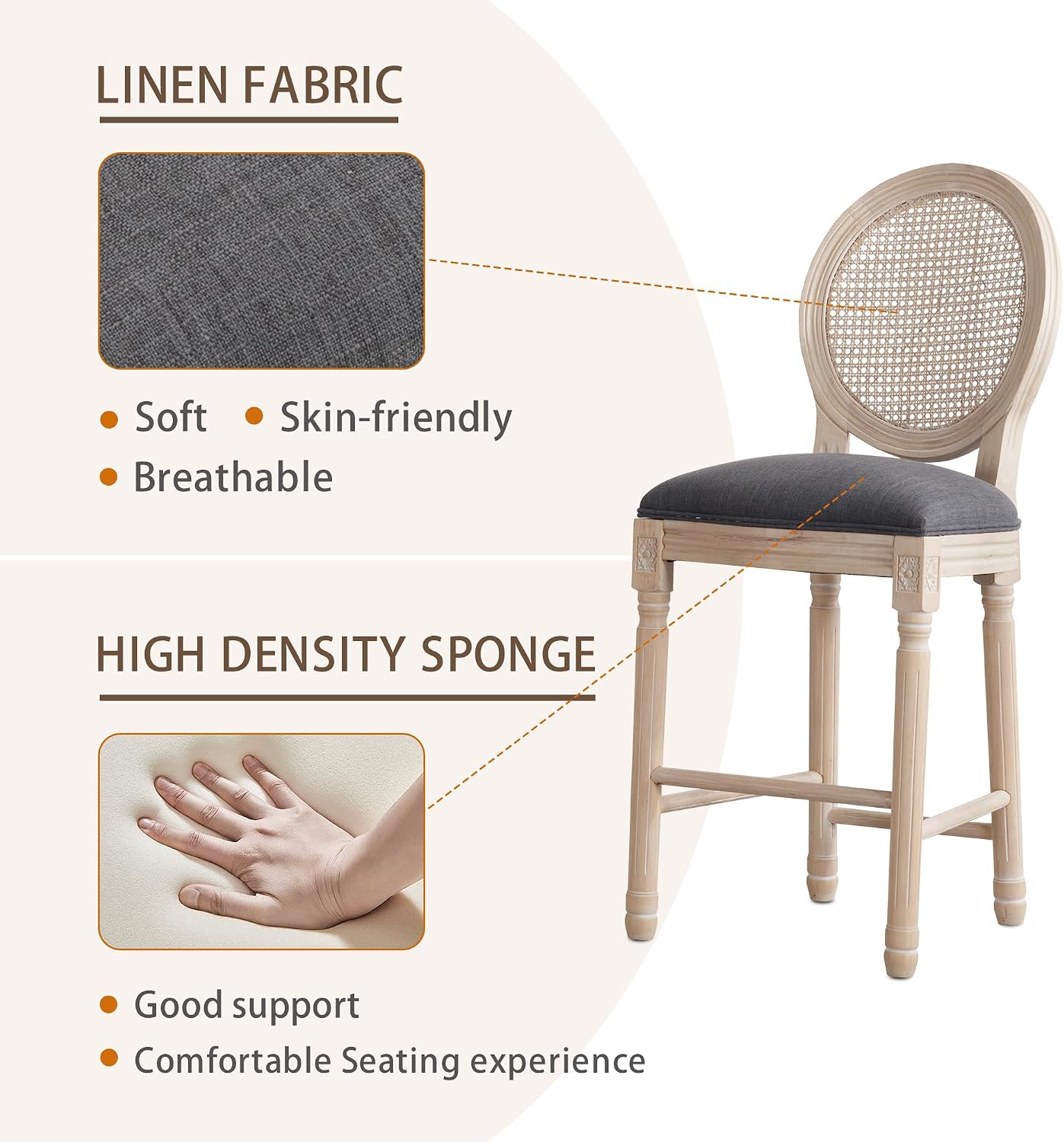 Rattan Counter Height Bar Stools - Set of 6, 26" Linen Fabric Upholstered, French Country, Dark Grey