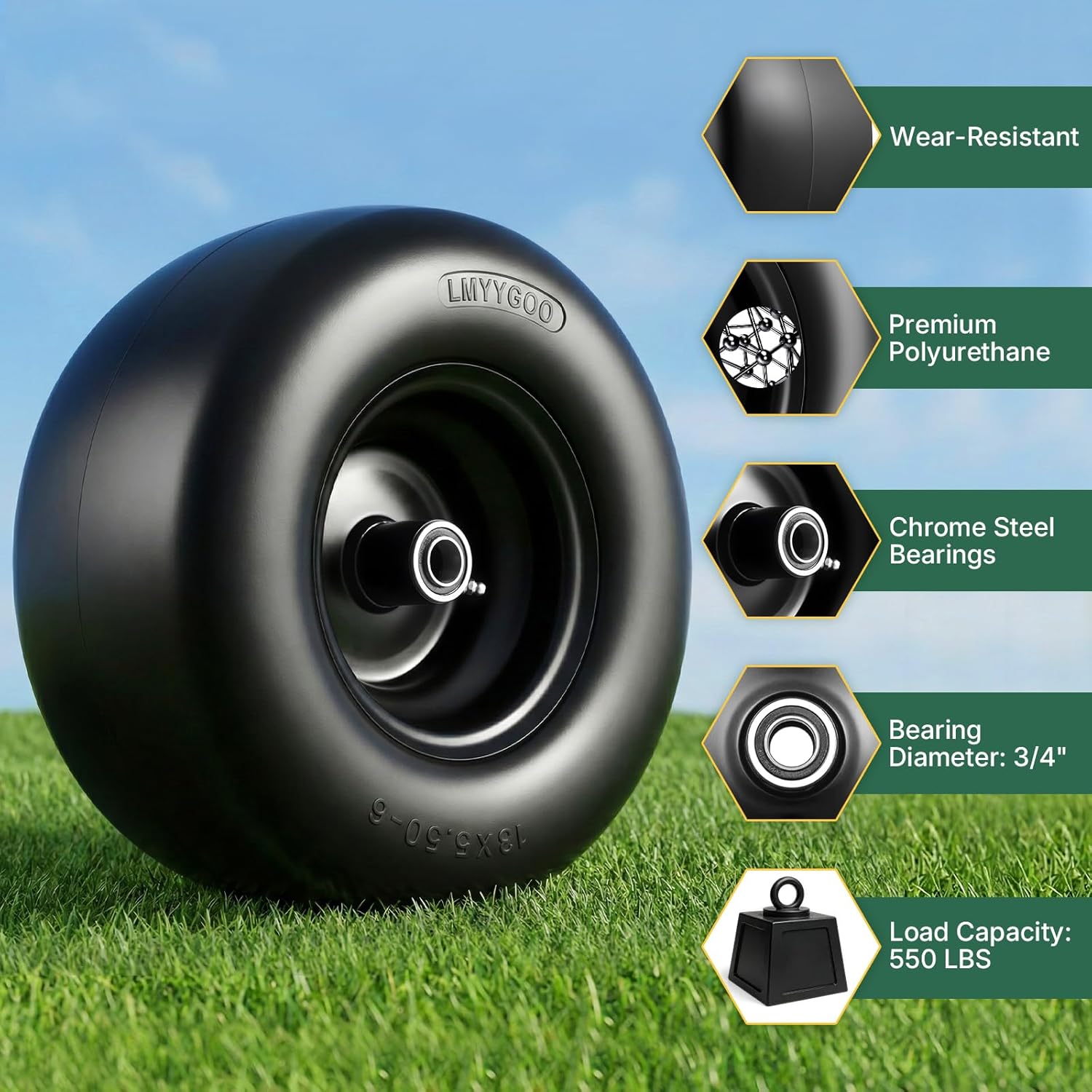 MYYGOO 13x6.50-6 Flat Free Tire and Wheel,Universal 3/4", 5/8" and 1/2" Bearings,2 Pack Rubber Riding Lawn Mower Tire with Rim - With 6"-8.8” Centered Hub,2 Pack Gray