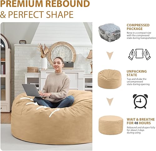 Miniatura 378 de Puf de 5 pies, puf grande con relleno de espuma viscoelástica, sofá puff esponjoso con funda de terciopelo holandés, puf redondo para sala de estar,