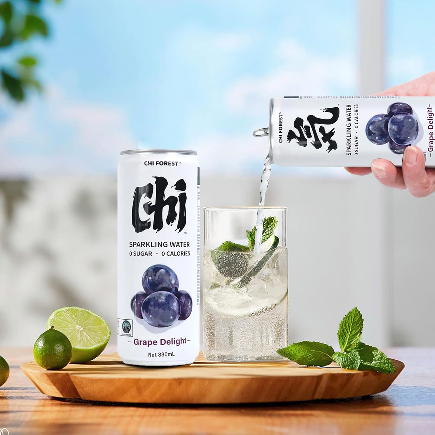 CHI FOREST Grape Sparkling Water 24 Cans, Flavored Sparkling Water, 0 Sugar and 0 Calorie Bubbly Water, Refreshing Carbonated Water, Perfect for Party, Exercise or Work, 11.16 Fl oz, Pack of 24
