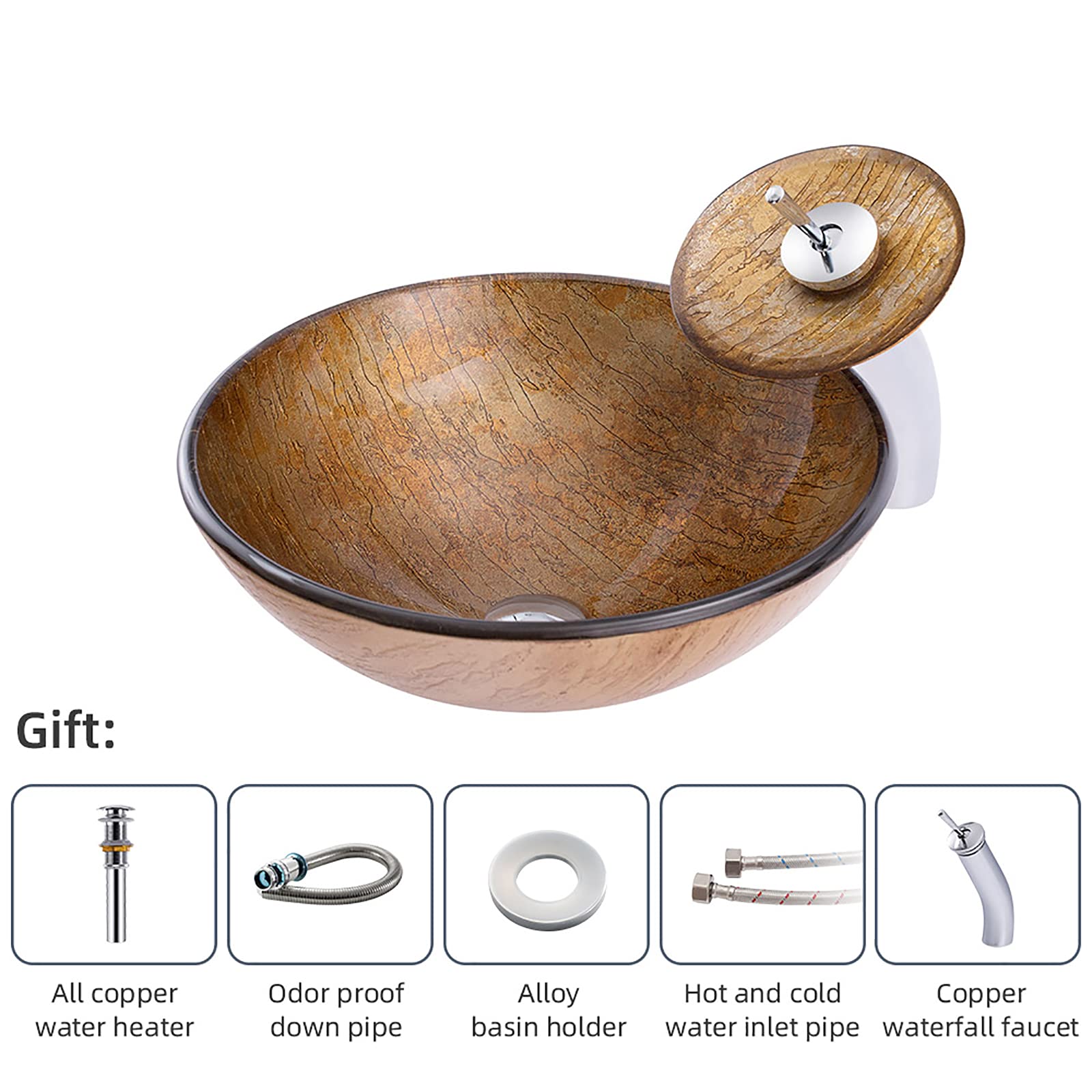 Lavabo de baño Lavabo de Recipiente de Vidrio Templado Lavabo Redondo Lavabo de encimera Lavabo de encimera Lavabo de Arte con Grifo de Cascada, desagüe emergente