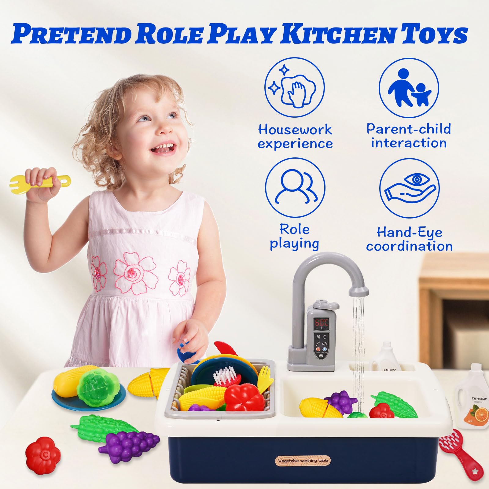 Küchenspüle Spielzeug Set mit Wasserkreislauf, Waschbecken Kinder mit Fließendem Wasser, Spielküche Kinderküche Zubehör, Obst und Gemüse Spielzeug, Rollenspiel für Jungen und Mädchen ab 3 Jahre(Blau)