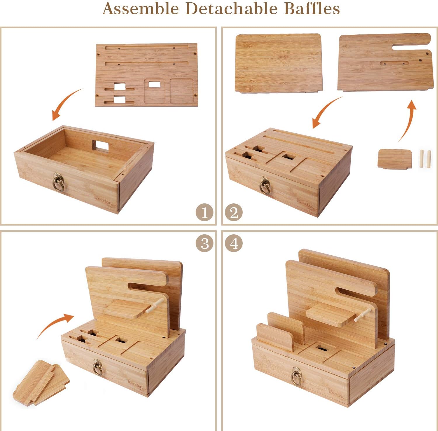 iCozzier Bamboo Multiple Device Desktop Charging Dock Station Watch Organizer Key Holder with Drawer for iWatch,AirPods,iPad,Smartphones,Tablets,Kindles