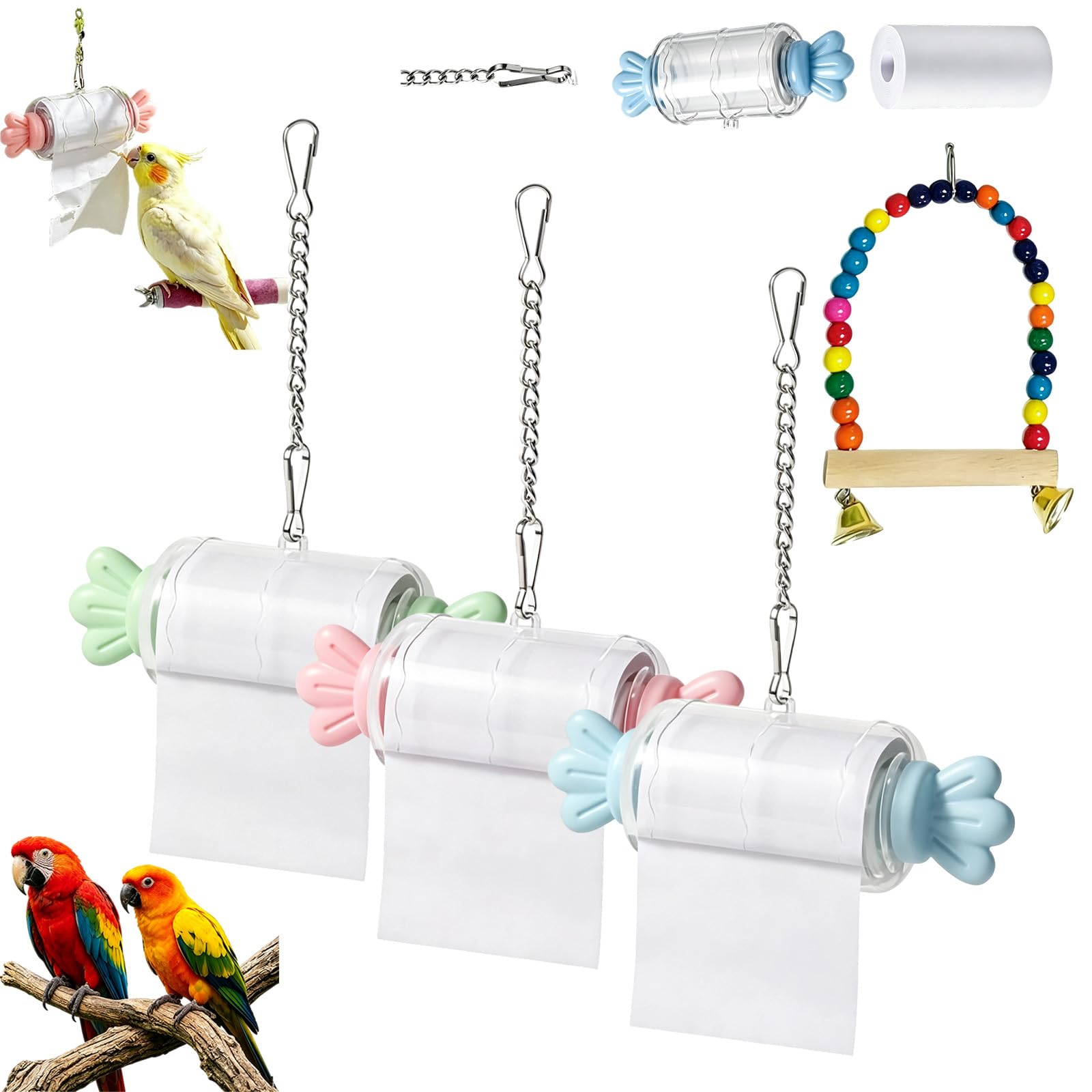 Parrot Rolling Paper Play Toy with Hanging Chain, Bird Foraging Roll Paper Holder, Bird Shredding Toys, for Cockatiels, Budgies, Conures, Parakeets, Lovebirds (3-g+p+b)