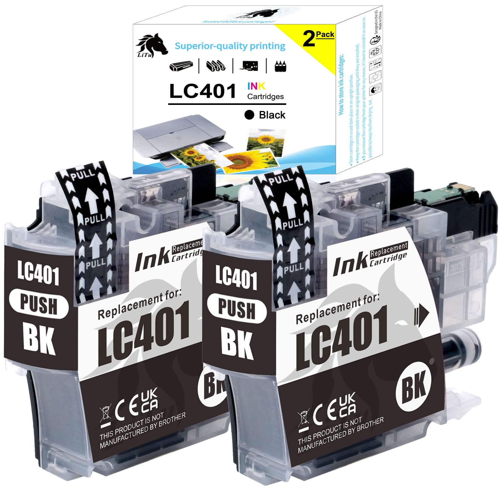 LiTuhorse 2-Pack LC401 Black Ink Cartridges for Brother LC 401 BK with 3-Party Compatible Chip Work with Brother MFC-J1010DW MFC-J1012DW MFC-1170DW