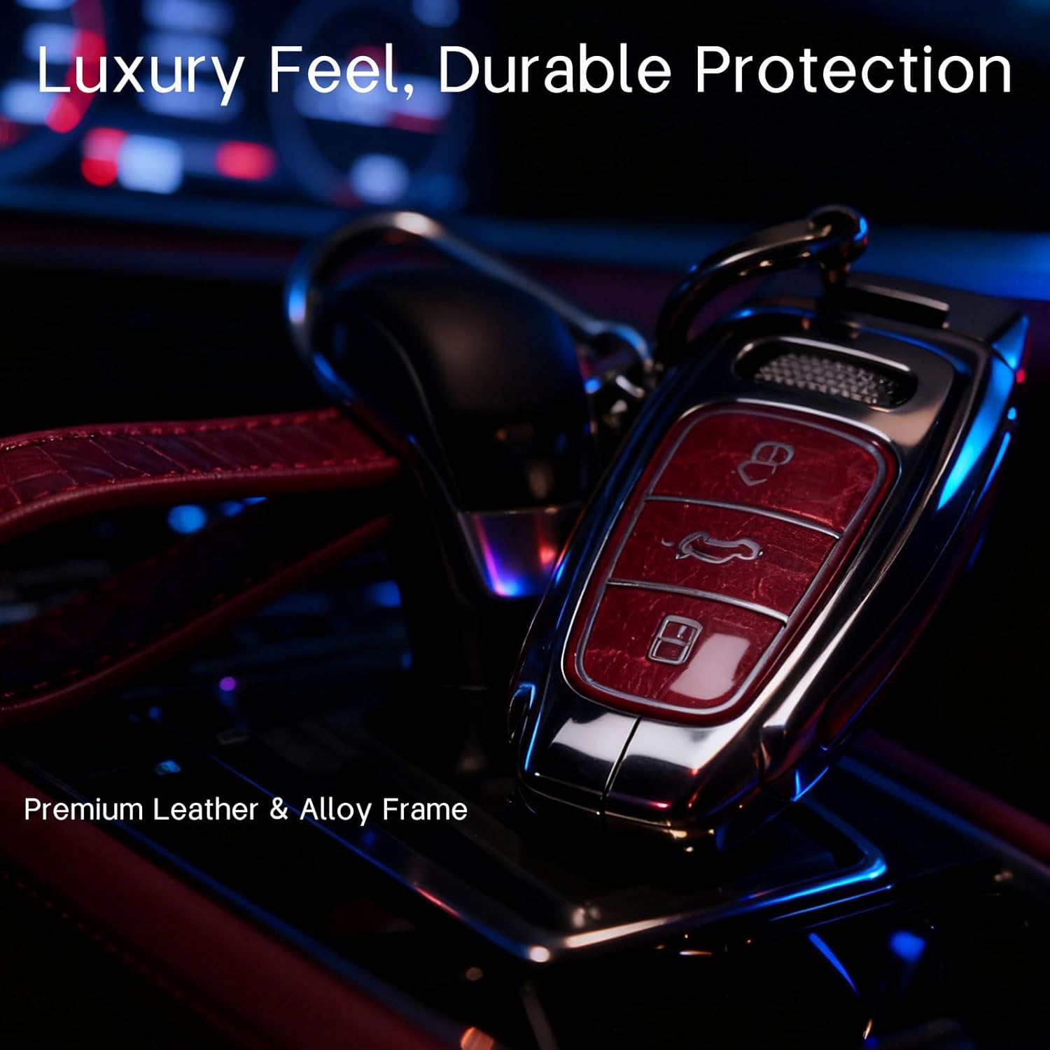 Premium Microfiber Leather Key Fob Cover with Stainless Steel Button Accents and Keychain, Luxury Anti-Scratch Protective Case Compatible with Audi A3 A4 A5 S4 S5 A6 A7 A8 Q3 Q5 Q7(Red)