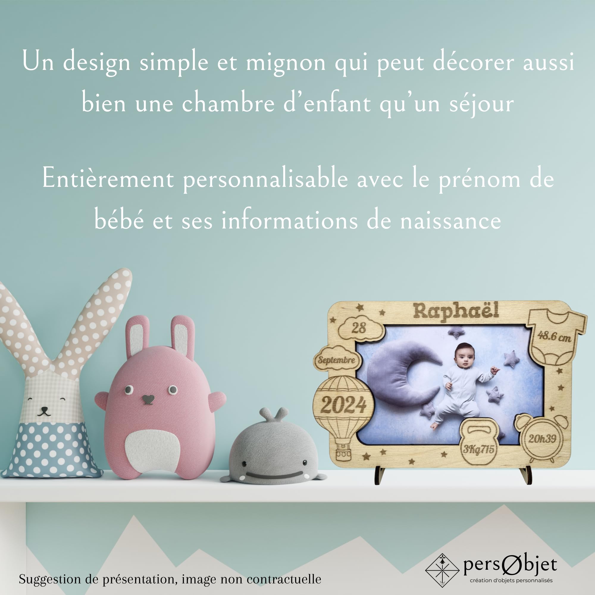 Cadre Photo naissance en Bois Personnalisable montgolfière - Souvenir de la naissance de Bébé – idée cadeau de naissance personnalisé pour maman, papa, mamie, papy – décoration chambre bébé, séjour